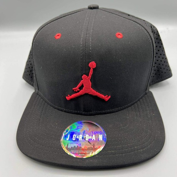 Air Jordan Trucker Hat Men Black Embroidered Red Logo Jumpman Snap Back Cap